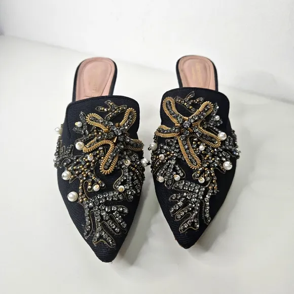 Alberta Ferreti Mia Heeled Mules Sz 6.5 /37 EU Black Pointy Toe  Embellished