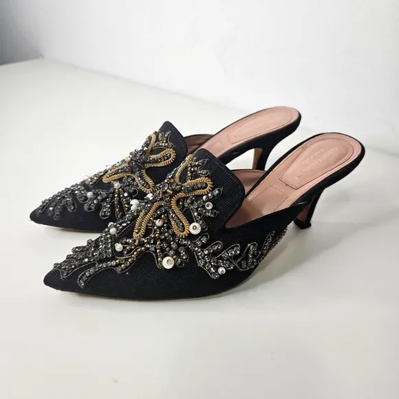 Alberta Ferreti Mia Heeled Mules Sz 6.5 /37 EU Black Pointy Toe  Embellished