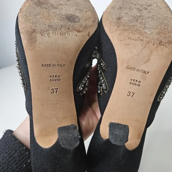Alberta Ferreti Mia Heeled Mules Sz 6.5 /37 EU Black Pointy Toe  Embellished