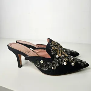 Alberta Ferreti Mia Heeled Mules Sz 6.5 /37 EU Black Pointy Toe  Embellished