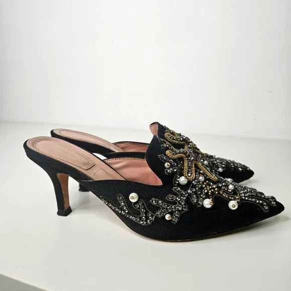 Alberta Ferreti Mia Heeled Mules Sz 6.5 /37 EU Black Pointy Toe  Embellished