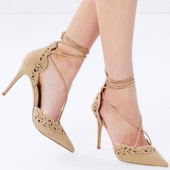 Aldo Antoinette Suede Eyelet Strappy Pumps Heel Nude 7.5