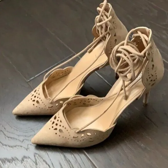 Aldo Antoinette Suede Eyelet Strappy Pumps Heel Nude 7.5