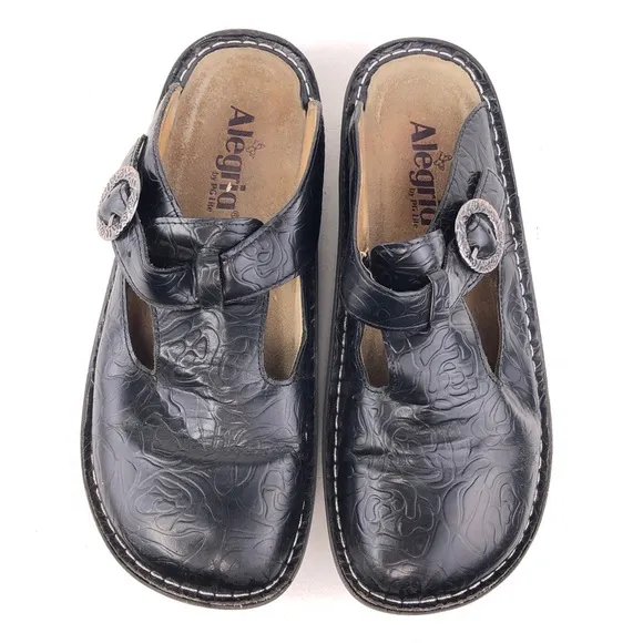 Alegria Classic Black Emboss Rose Clog Slides EUR 38