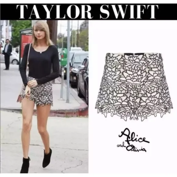 Alice and Olivia Embellished Guipure Shorts Lace Black White Floral Sz 10