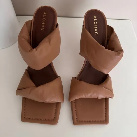 Alohas Twist Strap Leather Mule Heeled Sandals Tan Brown Square Toe Size 41 / 10