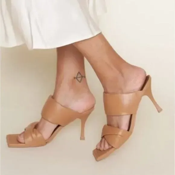 Alohas Twist Strap Leather Mule Heeled Sandals Tan Brown Square Toe Size 41 / 10