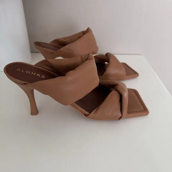 Alohas Twist Strap Leather Mule Heeled Sandals Tan Brown Square Toe Size 41 / 10