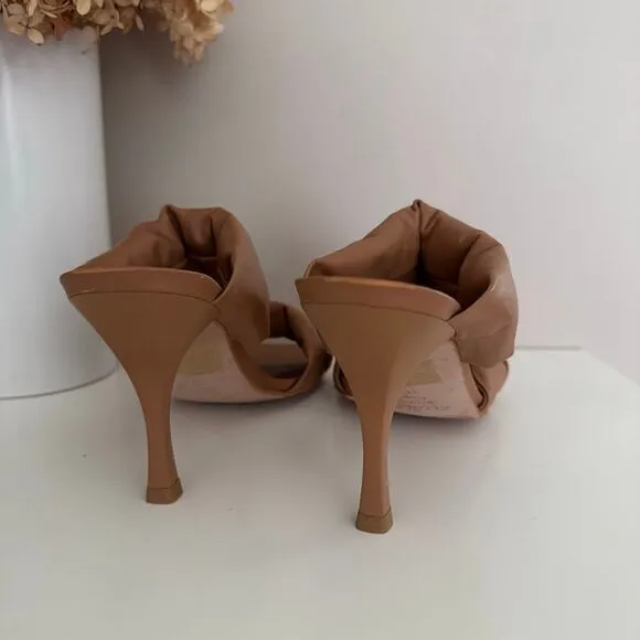 Alohas Twist Strap Leather Mule Heeled Sandals Tan Brown Square Toe Size 41 / 10