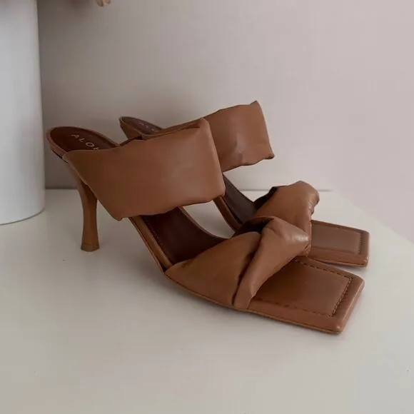 Alohas Twist Strap Leather Mule Heeled Sandals Tan Brown Square Toe Size 41 / 10