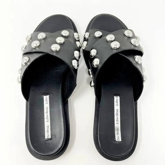 &amp; Other Stories Studded Leather Platform Slide Sandal Black/Silver Size 9.5