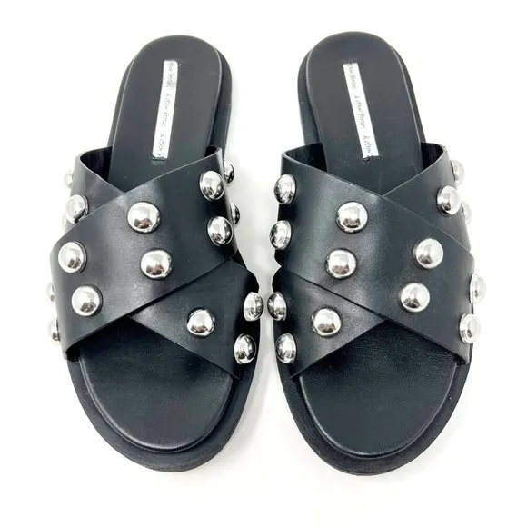 &amp; Other Stories Studded Leather Platform Slide Sandal Black/Silver Size 9.5