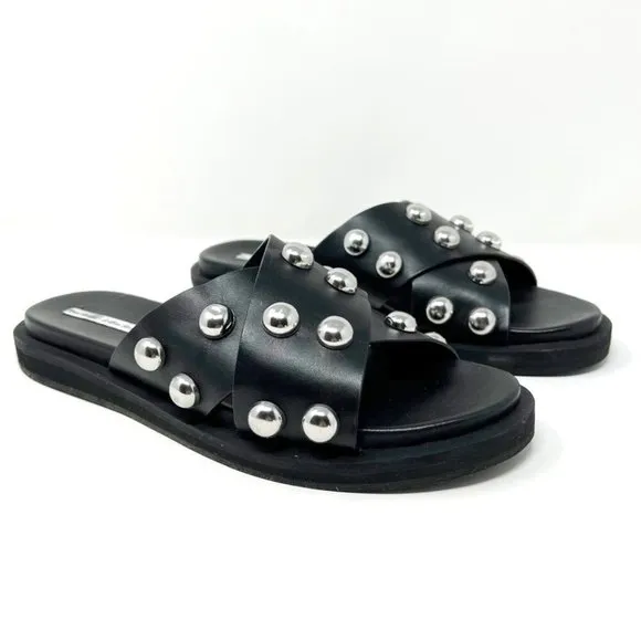 &amp; Other Stories Studded Leather Platform Slide Sandal Black/Silver Size 9.5