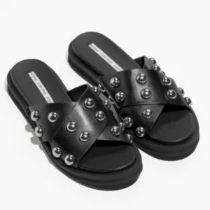 &amp; Other Stories Studded Leather Platform Slide Sandal Black/Silver Size 9.5