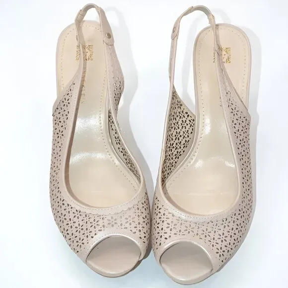 Anne Klein Nude Neutral Beige Tan Pierced Leather Open Toe Slingback Heels 10