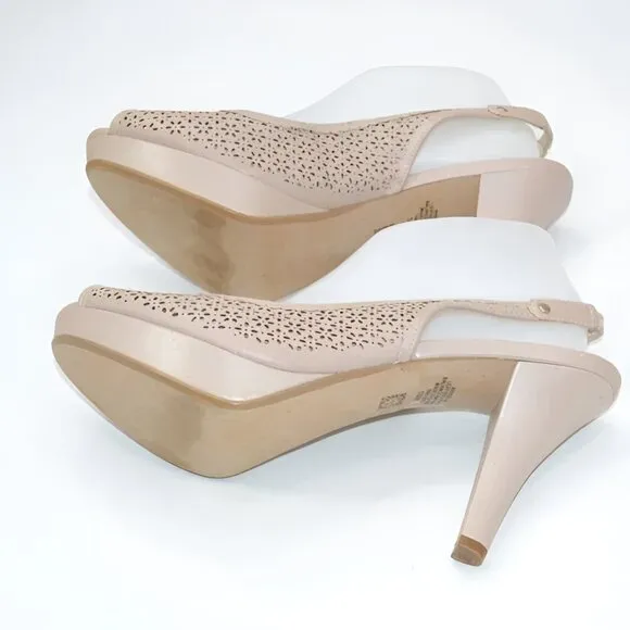 Anne Klein Nude Neutral Beige Tan Pierced Leather Open Toe Slingback Heels 10