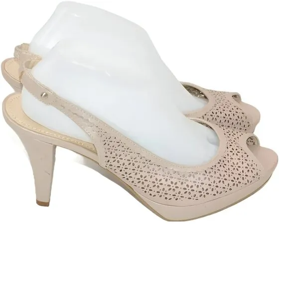 Anne Klein Nude Neutral Beige Tan Pierced Leather Open Toe Slingback Heels 10