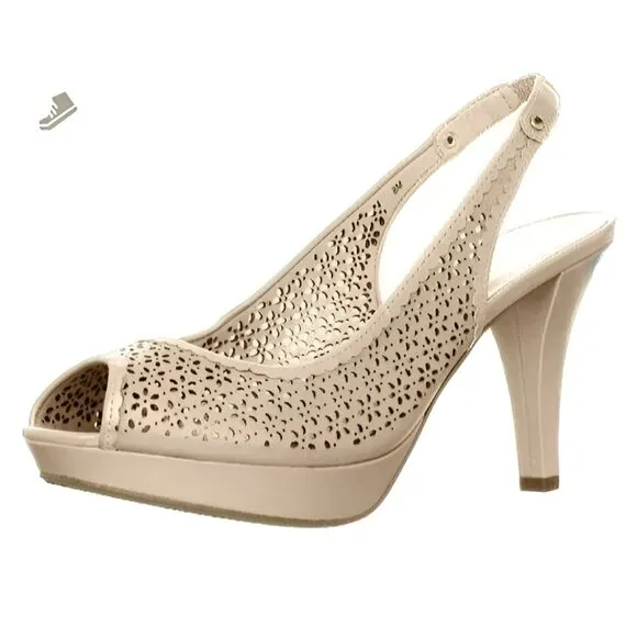 Anne Klein Nude Neutral Beige Tan Pierced Leather Open Toe Slingback Heels 10