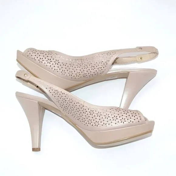 Anne Klein Nude Neutral Beige Tan Pierced Leather Open Toe Slingback Heels 10