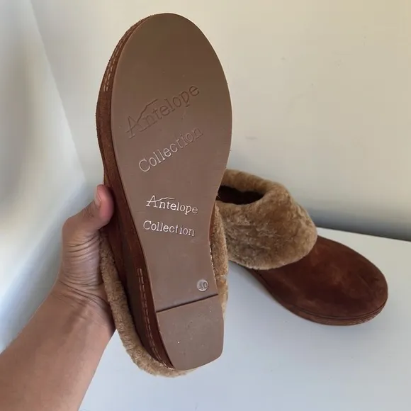Antelope x Anthropologie Toppa Women’s Mules Slip op Fleece line Brown Clogs 40