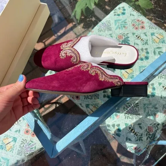 Anthropologie Bettye Muller Fortune Embroidered Suede Mules NIB