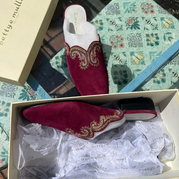Anthropologie Bettye Muller Fortune Embroidered Suede Mules NIB