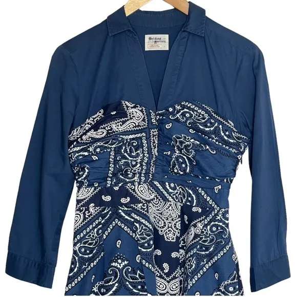Anthropologie Blue Holding Horse Bandana Flared Shirt Dress | Size 4 |