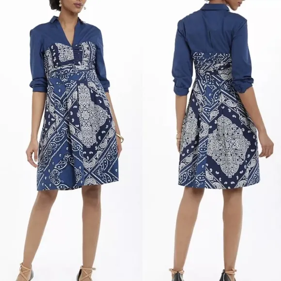 Anthropologie Blue Holding Horse Bandana Flared Shirt Dress | Size 4 |