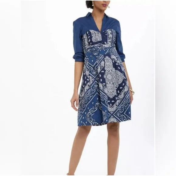 Anthropologie Blue Holding Horse Bandana Flared Shirt Dress | Size 4 |