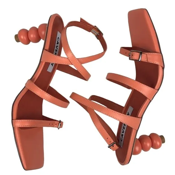 ANTHROPOLOGIE CAVERLEY MAZIE STRAPPY SQUARE TOE CORAL ROCK ANKLE WRAP HEELS