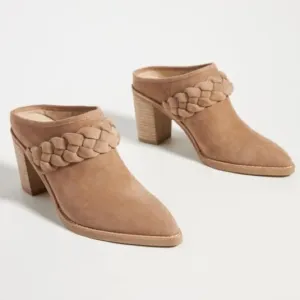 Anthropologie Dolce Vita Truffle Tan Suede Leather Braided Heeled Mules EUC Sz 9