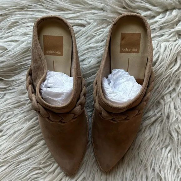 Anthropologie Dolce Vita Truffle Tan Suede Leather Braided Heeled Mules EUC Sz 9