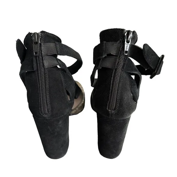 Anthropologie | Farylrobin Black Suede Calf Hair Strappy Ankle Heels