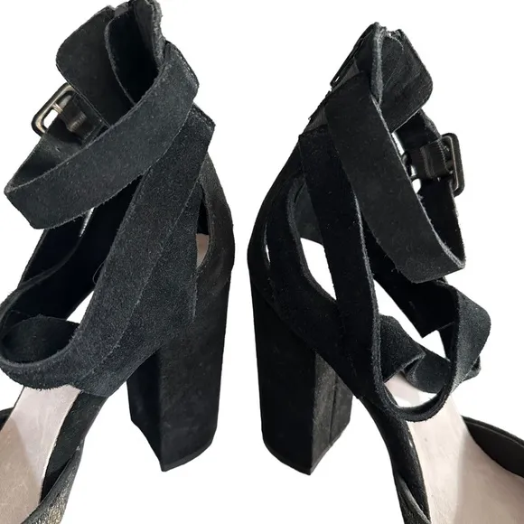 Anthropologie | Farylrobin Black Suede Calf Hair Strappy Ankle Heels