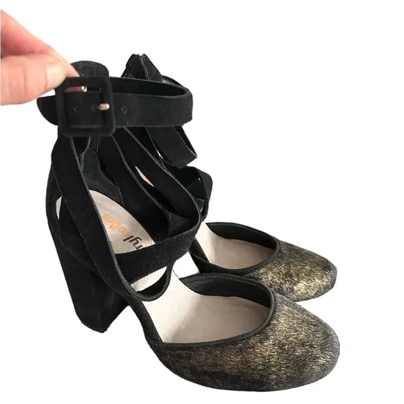 Anthropologie | Farylrobin Black Suede Calf Hair Strappy Ankle Heels