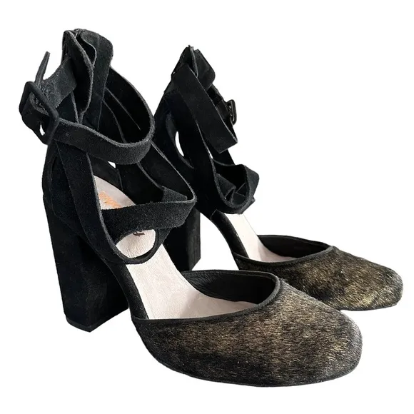 Anthropologie | Farylrobin Black Suede Calf Hair Strappy Ankle Heels