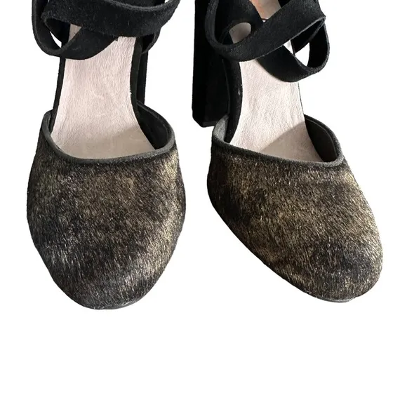 Anthropologie | Farylrobin Black Suede Calf Hair Strappy Ankle Heels