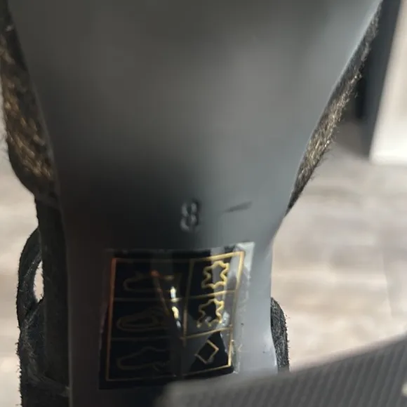 Anthropologie | Farylrobin Black Suede Calf Hair Strappy Ankle Heels