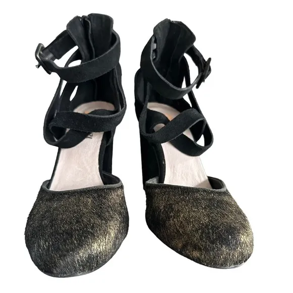 Anthropologie | Farylrobin Black Suede Calf Hair Strappy Ankle Heels