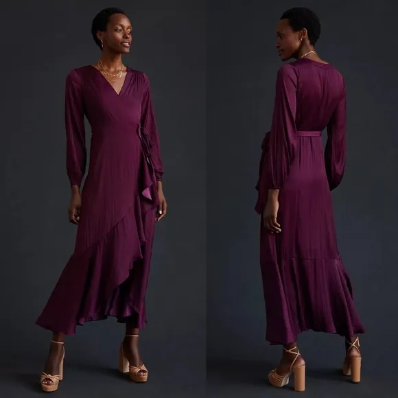 Anthropologie Maeve V-Neck Wrap Raspberry Ruffle Maxi Dress