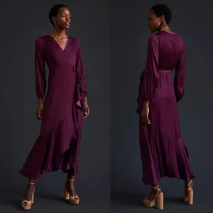 Anthropologie Maeve V-Neck Wrap Raspberry Ruffle Maxi Dress