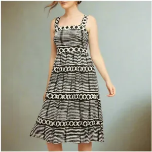Anthropologie Square Neck Midi Dress Small Petite Black Sleeveless A-Line Tulle