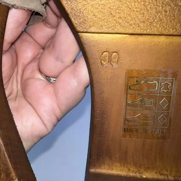 Anthropologie Tan Suede Buckle Slides Wooden Sole Size 39 8.5US