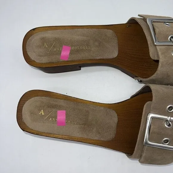 Anthropologie Tan Suede Buckle Slides Wooden Sole Size 39 8.5US