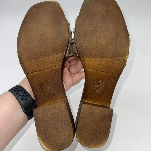 Anthropologie Tan Suede Buckle Slides Wooden Sole Size 39 8.5US