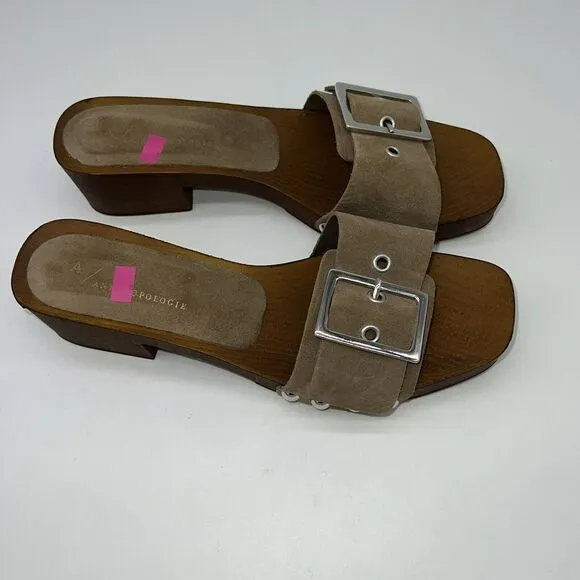 Anthropologie Tan Suede Buckle Slides Wooden Sole Size 39 8.5US