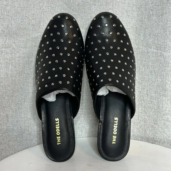 ANTHROPOLOGIE THE ODELLS SILVER  STUDDED BLACK LEATHER HEELED CLOGS **NIB**