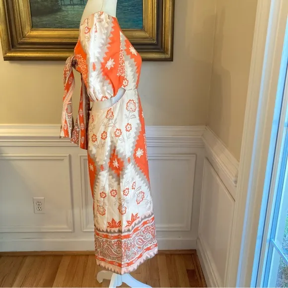 ANTONIO MELANI Akira Orange Cream Taupe Linen Open Back Midi Dress NWT