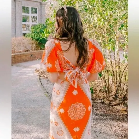 ANTONIO MELANI Akira Orange Cream Taupe Linen Open Back Midi Dress NWT