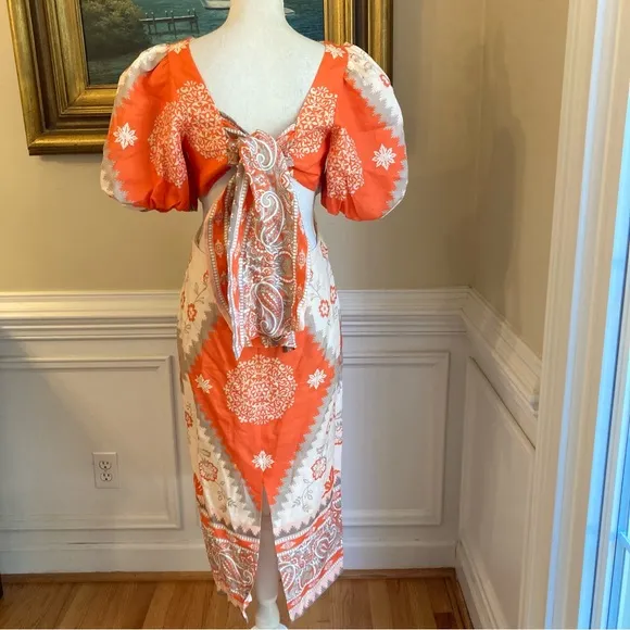 ANTONIO MELANI Akira Orange Cream Taupe Linen Open Back Midi Dress NWT